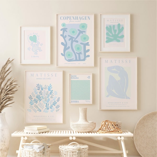 Sky Blue and Sage Green Matisse Gallery Wall Set of 6 Poster Print, Blue Matisse art trendy poster set digital prints, Print set of 6