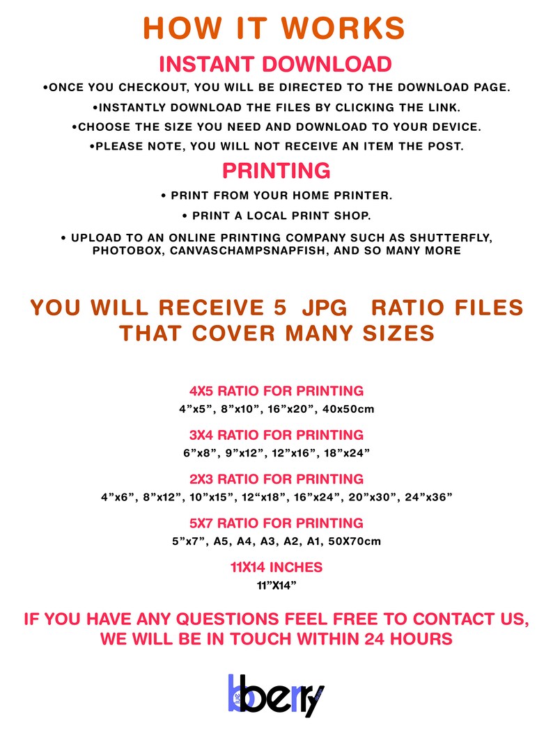May include: A digital download guide for printing photos in various sizes. The guide includes five different aspect ratios for printing: 4x5, 3x4, 2x3, 5x7, and 11x14. The guide also includes the corresponding measurements in inches and centimeters.