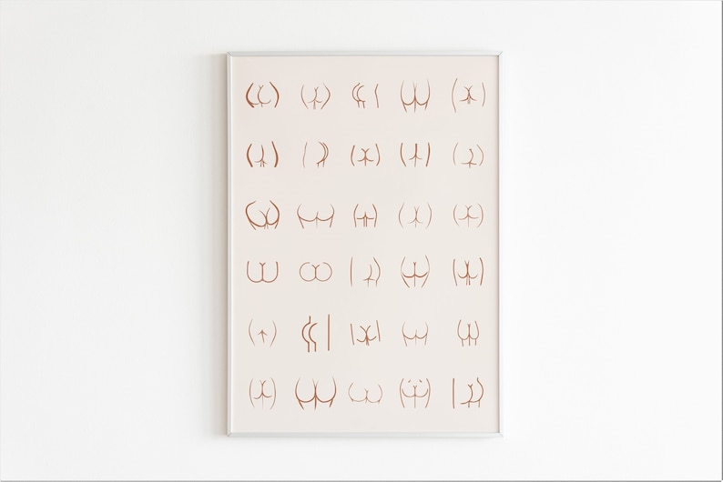 May include: A framed print with a white background and a grid of 25 brown line drawings of different shapes. The shapes are abstract and resemble body parts.