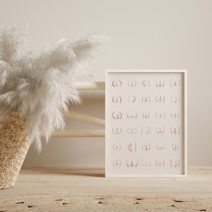 May include: A white framed print with a grid of brown symbols. The symbols are a combination of parentheses, brackets, and other geometric shapes.