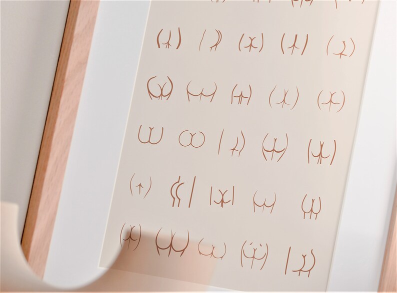 May include: A framed print with a series of abstract shapes drawn in brown ink on a light beige background. The shapes are various combinations of curves and lines.