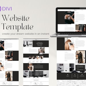 Op de afbeelding: Website-sjabloon voor een schoonheidssalon, met een laptop waarop een mockup van een website-ontwerp te zien is. Het website-ontwerp toont afbeeldingen van kappers die aan klanten werken, en tekst over de diensten van de salon.
