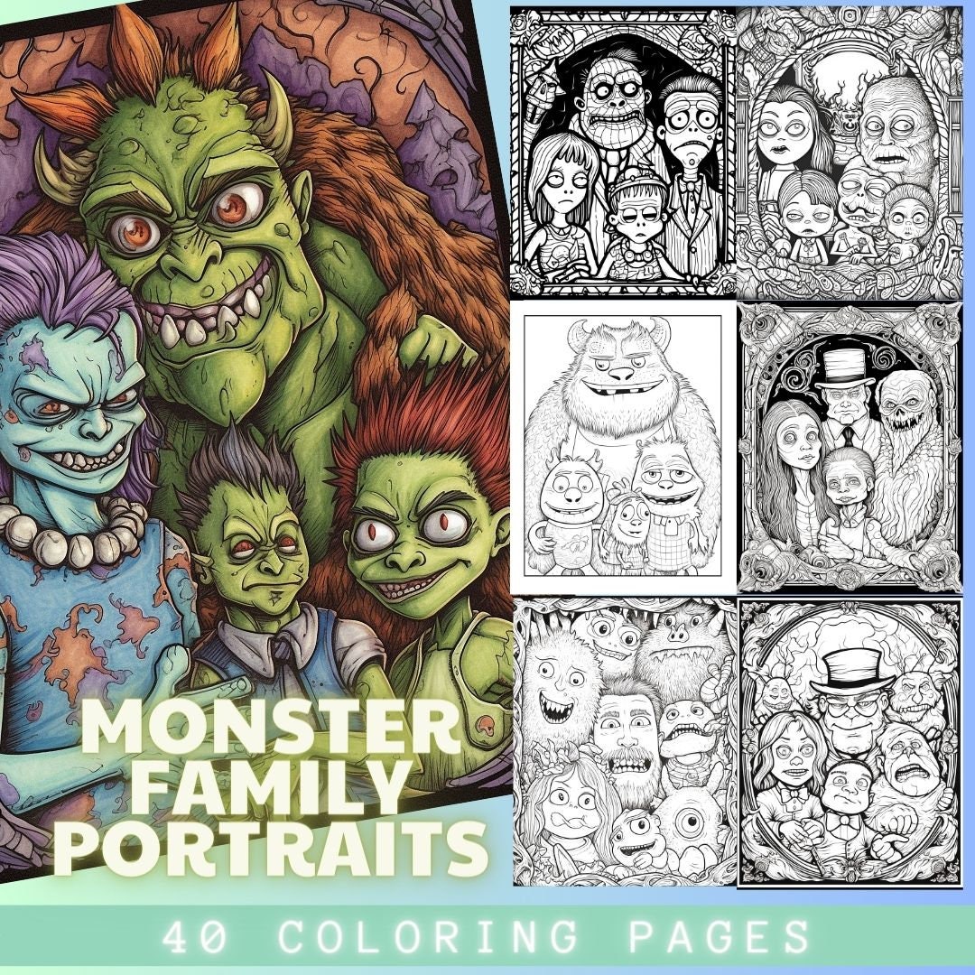 Halloween Coloring Pages | Monster Family Portrait Coloring Pages | Stress Relief | Greyscale ...