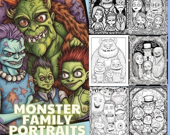 Desenhos de Halloween para colorir | Desenhos de retratos de família de monstros para colorir | Alívio do estresse | Colorir em tons de cinza | Colorir com terror | Letras grandes