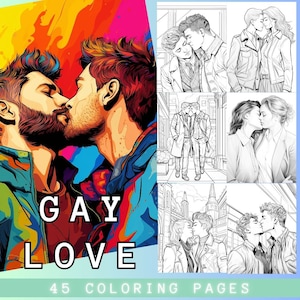 Dibujos para colorear gay / Actividad para adultos LGBTQIA+ / Alivio del estrés / Homosexual / Escala de grises / Relajación / Digital / Imprimible / Letra grande