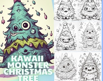 Desenhos para colorir de árvores de Natal com monstros kawaii | Alívio fofo do estresse (PDF)