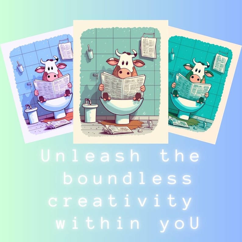 May include: Three illustrations of a cow sitting on a toilet reading a newspaper. The cow is brown and white with a pink nose. The toilet is white and the background is a blue and green tiled bathroom.