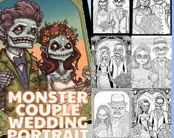 Desenhos para colorir de um casal de monstros se casando | Retratos engraçados em tons de cinza (PDF)
