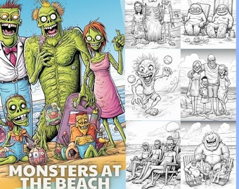 Desenhos para colorir de monstros na praia | 50 desenhos divertidos em tons de cinza (PDF)