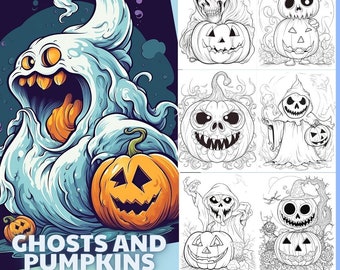 Desenhos para colorir de Halloween assustadores e kawaii, com fantasmas e abóboras (Download digital)