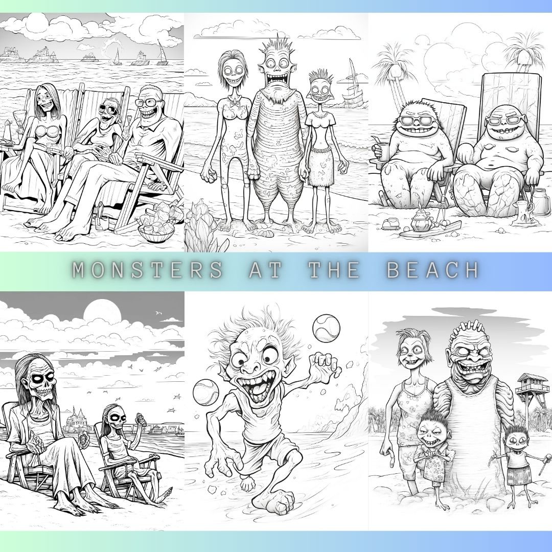 Monsters at the Beach Coloring Pages | 50 Funny Greyscale Designs (PDF ...