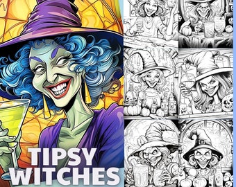 Livro de colorir Bruxas Bêbadas | 30 páginas divertidas de Halloween (Download digital)