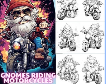 Gnomes Coloring Pages | Funny Gnomes Riding Motorcycles Coloring Pages | Stress Relief | Creepy Coloring | Greyscale Coloring | Large Print