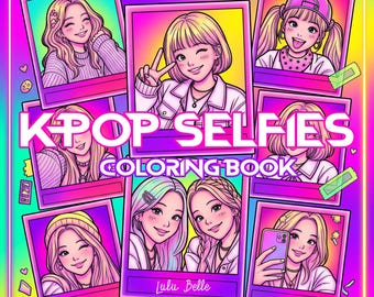 Páginas para colorir de Kpop para imprimir, livro de colorir em PDF com selfies de ídolos de Kpop, photocards de anime fofos e estéticos para download instantâneo e impressão.