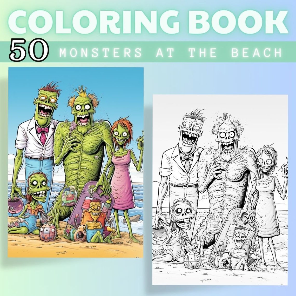 Monsters at the Beach Coloring Pages | 50 Funny Greyscale Designs (PDF ...