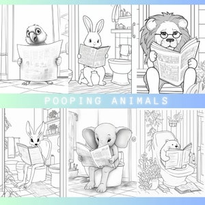 May include: A black and white illustration of a collection of animals reading newspapers while sitting on toilets. The title "POOPING ANIMALS" is written in bold letters at the bottom of the image.