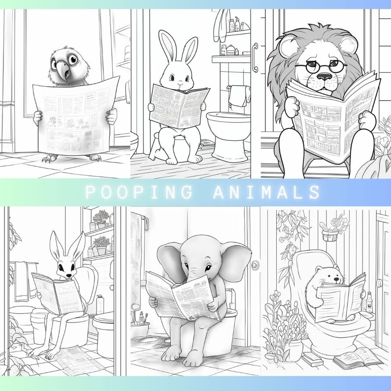 May include: A black and white illustration of a collection of animals reading newspapers while sitting on toilets. The title "POOPING ANIMALS" is written in bold letters at the bottom of the image.