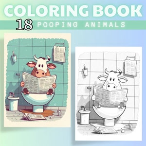 May include: A coloring book page featuring a cartoon cow sitting on a toilet reading a newspaper. The cow is brown and white with a pink nose. The toilet is white with a blue bowl. The newspaper is black and white with a headline that reads "The Daily News". The background is a blue and white tiled bathroom.