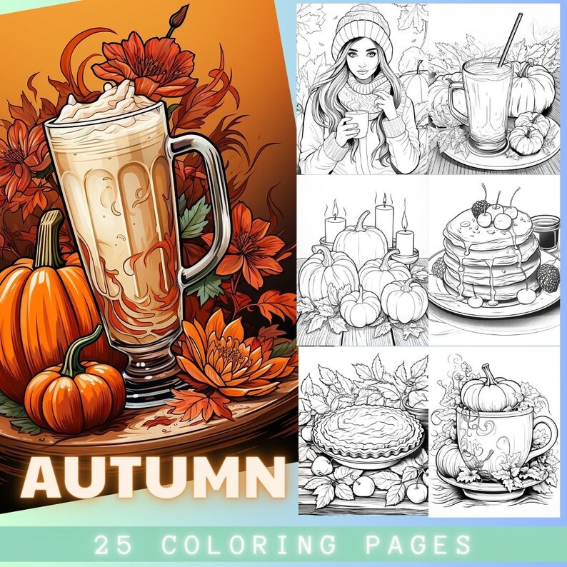 K&ouml;nnte beinhalten: Digitale Illustration mit einem K&uuml;rbis-Latte, K&uuml;rbissen und Herbstlaub. Das Wort "AUTUMN" ist abgebildet. Das Bild enth&auml;lt auch 25 Ausmalbilder mit Illustrationen zum Thema Herbst.