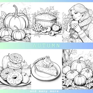 K&ouml;nnte beinhalten: Schwarz-Wei&szlig;-Illustrationen mit Herbstmotiven. Die Bilder zeigen K&uuml;rbisse, Brot, eine Frau mit einer Tasse, Donuts, Kuchen und das Wort "AUTUMN".