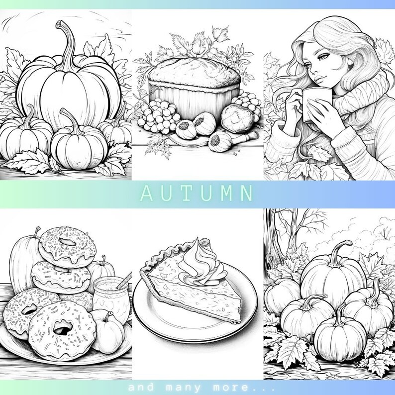 K&ouml;nnte beinhalten: Schwarz-Wei&szlig;-Illustrationen mit Herbstmotiven. Die Bilder zeigen K&uuml;rbisse, Brot, eine Frau mit einer Tasse, Donuts, Kuchen und das Wort "AUTUMN".