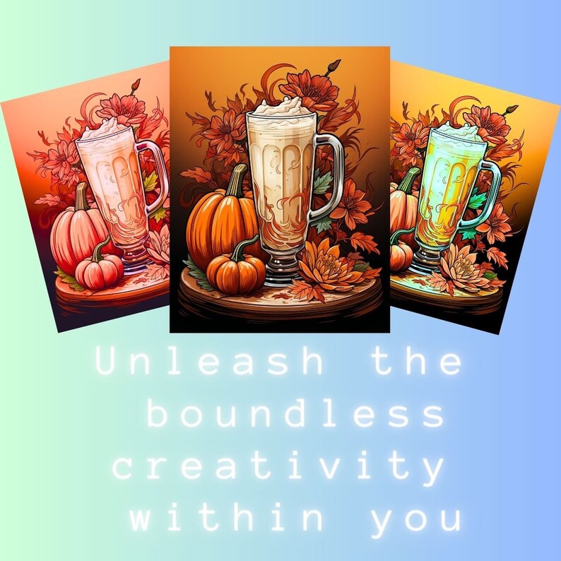 K&ouml;nnte beinhalten: Drei Kunstdrucke mit Herbstthema. Jeder Druck zeigt einen Latte mit Schlagsahne, K&uuml;rbissen und Herbstlaub. Die Drucke sind vor einem Farbverlaufshintergrund mit dem Text "Unleash the boundless creativity within you" angeordnet.
