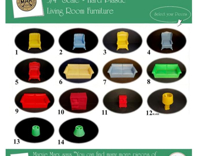MARX Vintage Dollhouse Living Room Furniture, Marx-a-Mansion Traditional Line, 3/4" Scale, Hard Plastic