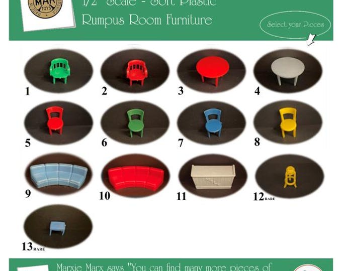 MARX Vintage Dollhouse Rumpus Room Furniture, Traditional Line, 1/2" Scale, Soft Plastic