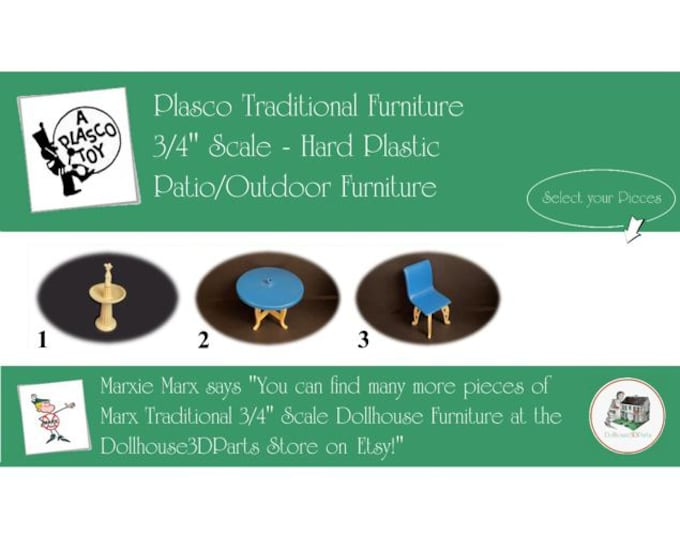 PLASCO Vintage Dollhouse Patio/Outdoor Furniture, 1940s-1950s Style, 3/4” Scale, Hard Plastic