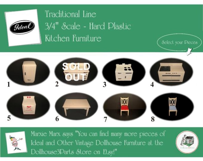 Choice IDEAL Vintage Dollhouse Kitchen Furniture, 1940s-1950s Style, 3/4” Scale, Hard Plastic