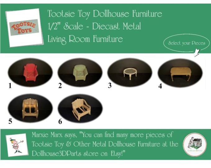 TOOTSIETOY Vintage Dollhouse Living Room Furniture, 1920s-1930s Style, 1/2” Scale, Painted Diecast Metal