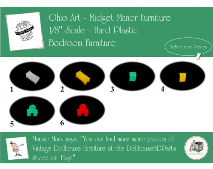Choice OHIO ART Midget Manor Vintage Bedroom Furniture, 1/8" Scale, Hard Plastic