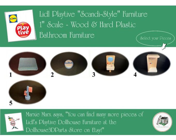 Choice LIDL PLAYTIVE Vintage Dollhouse Bathroom Furniture, Scandi-Style, 1" Scale, Wood & Hard Plastic
