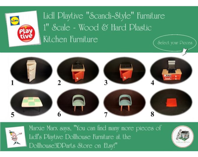 LIDL PLAYTIVE Vintage Dollhouse Kitchen Furniture, Scandi-Style, 1" Scale, Wood & Hard Plastic