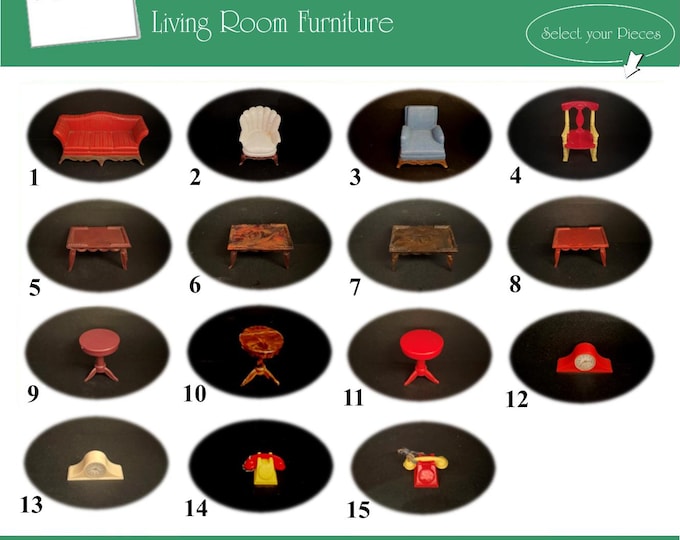 RENWAL Vintage Dollhouse Living Room Furniture, 1940s-1950s Style, 3/4” Scale, Hard Plastic
