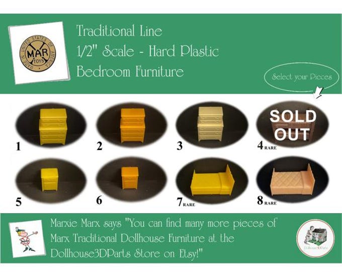 Choice MARX Vintage Dollhouse Bedroom Furniture, Traditional Line, 1/2" Scale, Hard Plastic