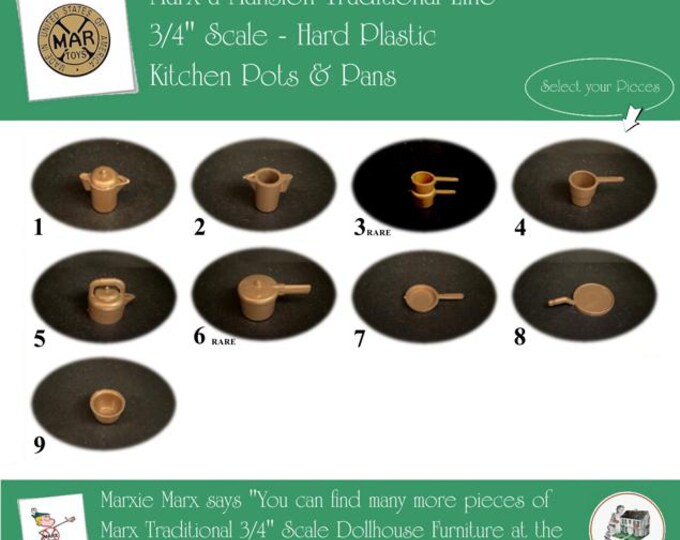 Choice MARX Vintage Dollhouse Kitchen Pots & Pans, Marx-a-Mansion Traditional Line, 3/4" Scale, Hard Plastic