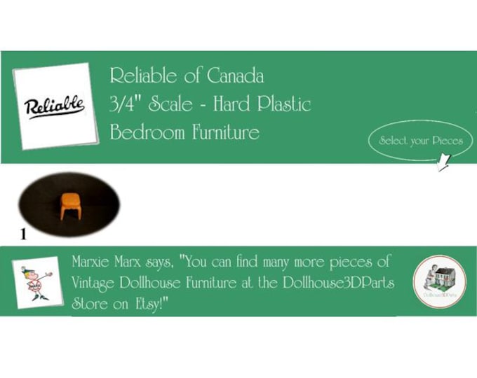 RELIABLE of CANADA Vintage Bedroom Dollhouse Furniture, 3/4" Scale, Hard Plastic