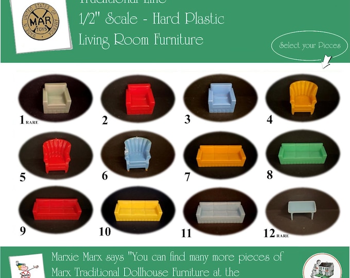 Choice MARX Vintage Dollhouse Living Room Furniture, Traditional Line, 1/2" Scale, Hard Plastic