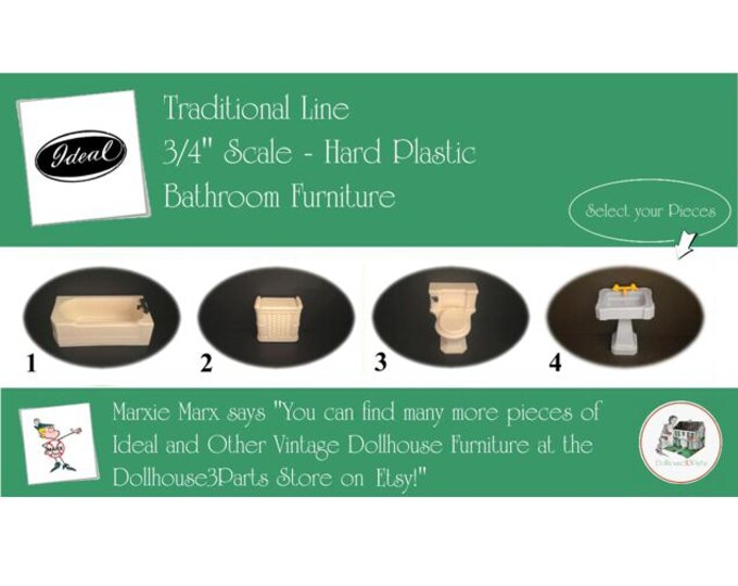 Ideal Vintage Dollhouse Furniture, 1940s-1950s Style Bathroom, 3/4” Scale Hard Plastic