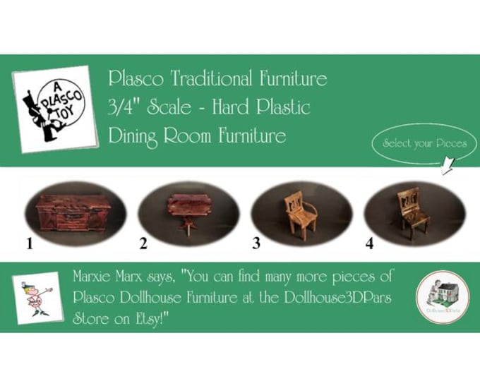 PLASCO Vintage Dollhouse Dining Room Furniture, 1940s-1950s Style, 3/4” Scale, Hard Plastic