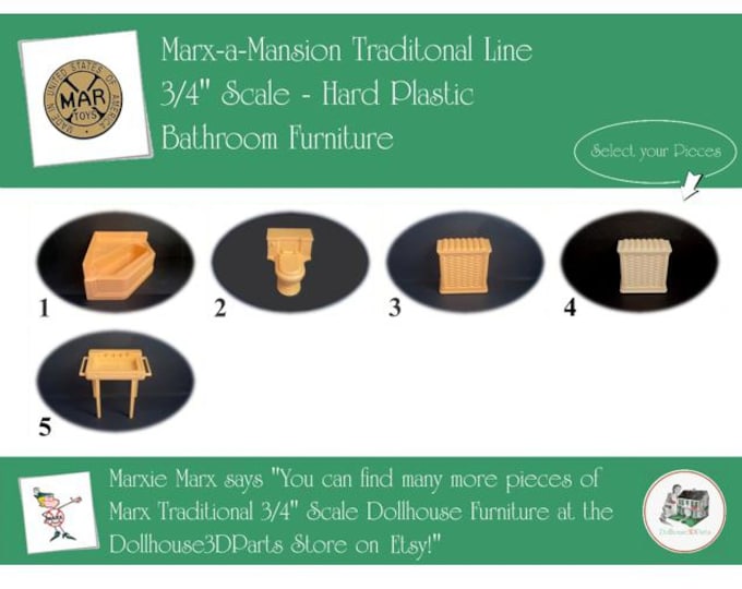 MARX Vintage Dollhouse Bathroom Furniture, Marx-a-Mansion Traditional Line, 3/4" Scale, Hard Plastic