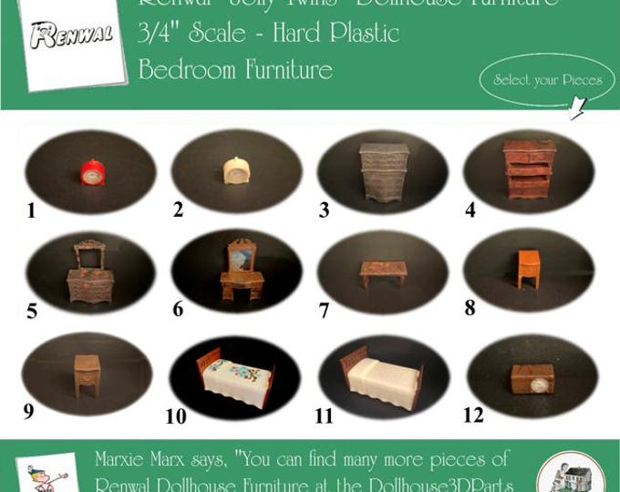 Choice RENWAL Vintage Dollhouse Bedroom Furniture, 1940s-1950s Style, 3/4” Scale, Hard Plastic