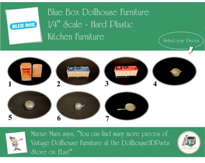 BLUE BOX Vintage Dollhouse Kitchen Furniture, 1960s Style, 1/4" Scale, Hard Plastic