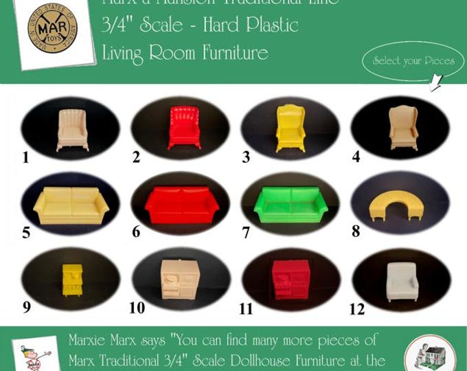 MARX Vintage Dollhouse Living Room Furniture, Marx-a-Mansion Traditional Line, 3/4" Scale, Soft Plastic