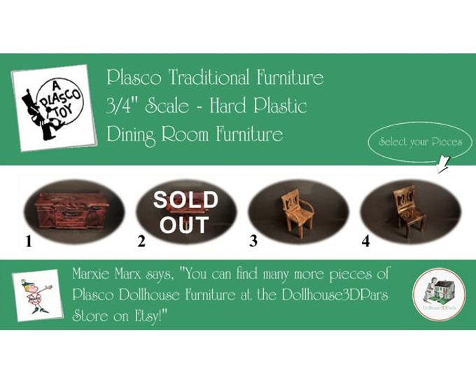 Choice PLASCO Vintage Dollhouse Dining Room Furniture, 1940s-1950s Style, 3/4” Scale, Hard Plastic