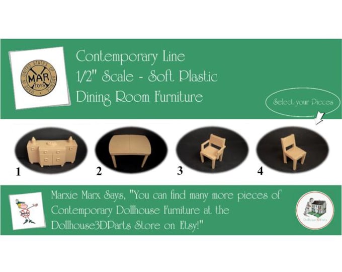 MARX Vintage Dollhouse Dining Room Furniture, Contemporary Line, 1/2" Scale, Soft Plastic
