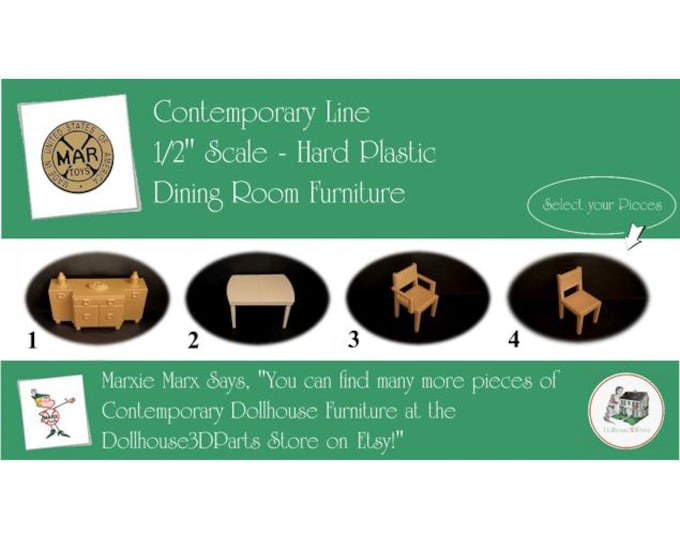 Marx Vintage Dollhouse Furniture, Contemporary Line Dining Room, 1/2" Scale, HARD Plastic