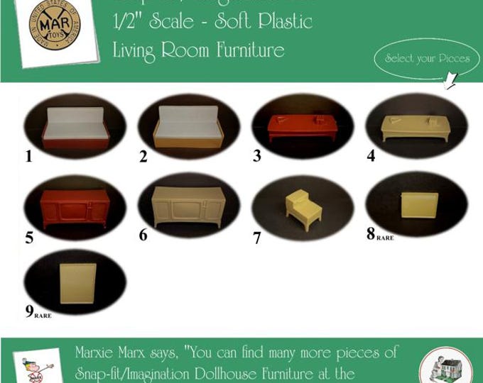 MARX Vintage Dollhouse Living Room Furniture, Snap-fit/Imagination Line, 1/2" Scale, Soft Plastic