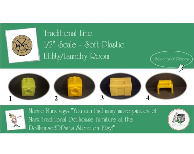 MARX Vintage Dollhouse Utility/Laundry Room Furniture, Traditional Line, 1/2" Scale, Soft Plastic